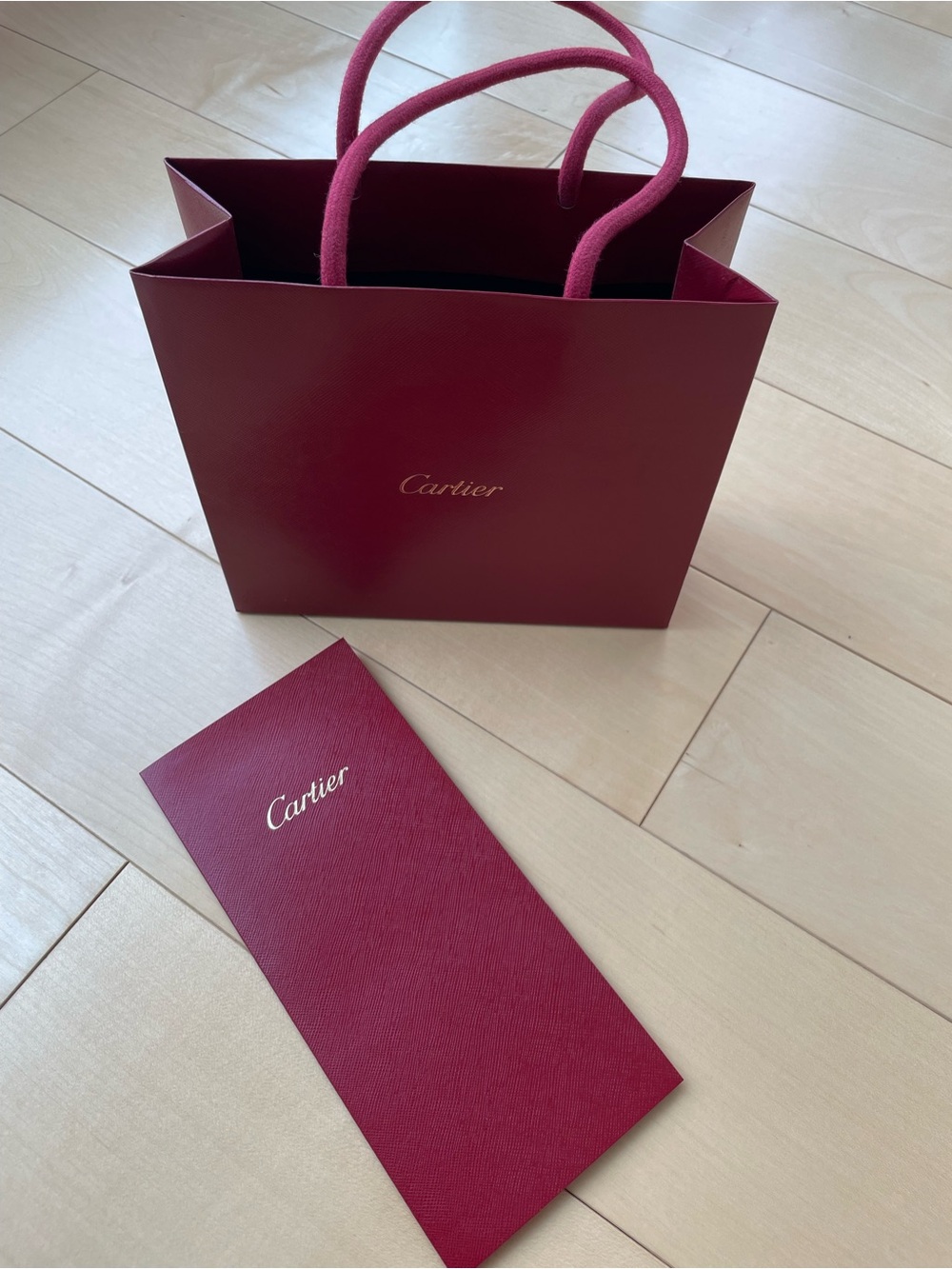 Cartier Gift Bag size 8" x 7" x 3" Red/Red Cord Handles And Receipt Envelope